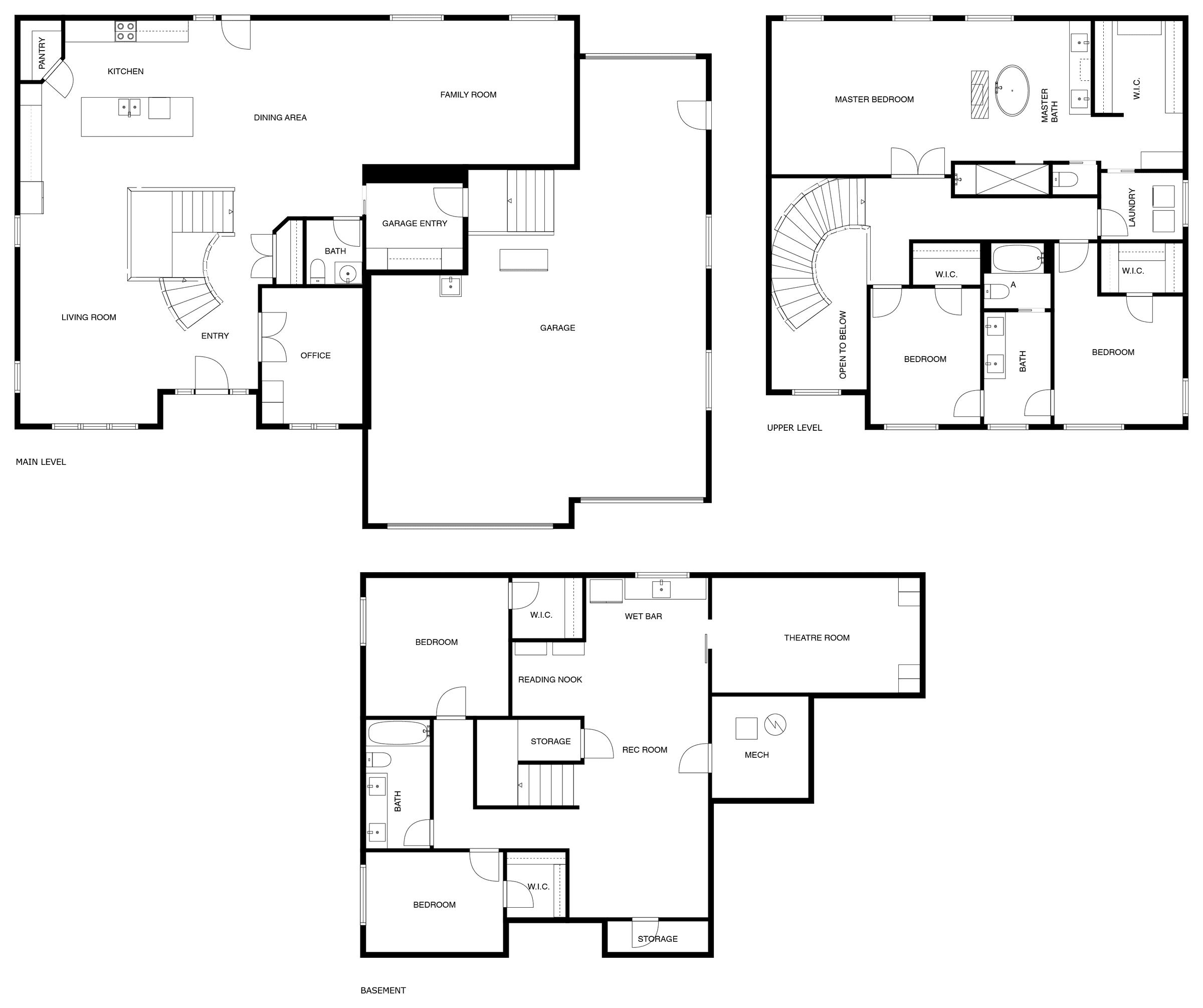 Floor plan of a three-level home showing main, upper and basement levels